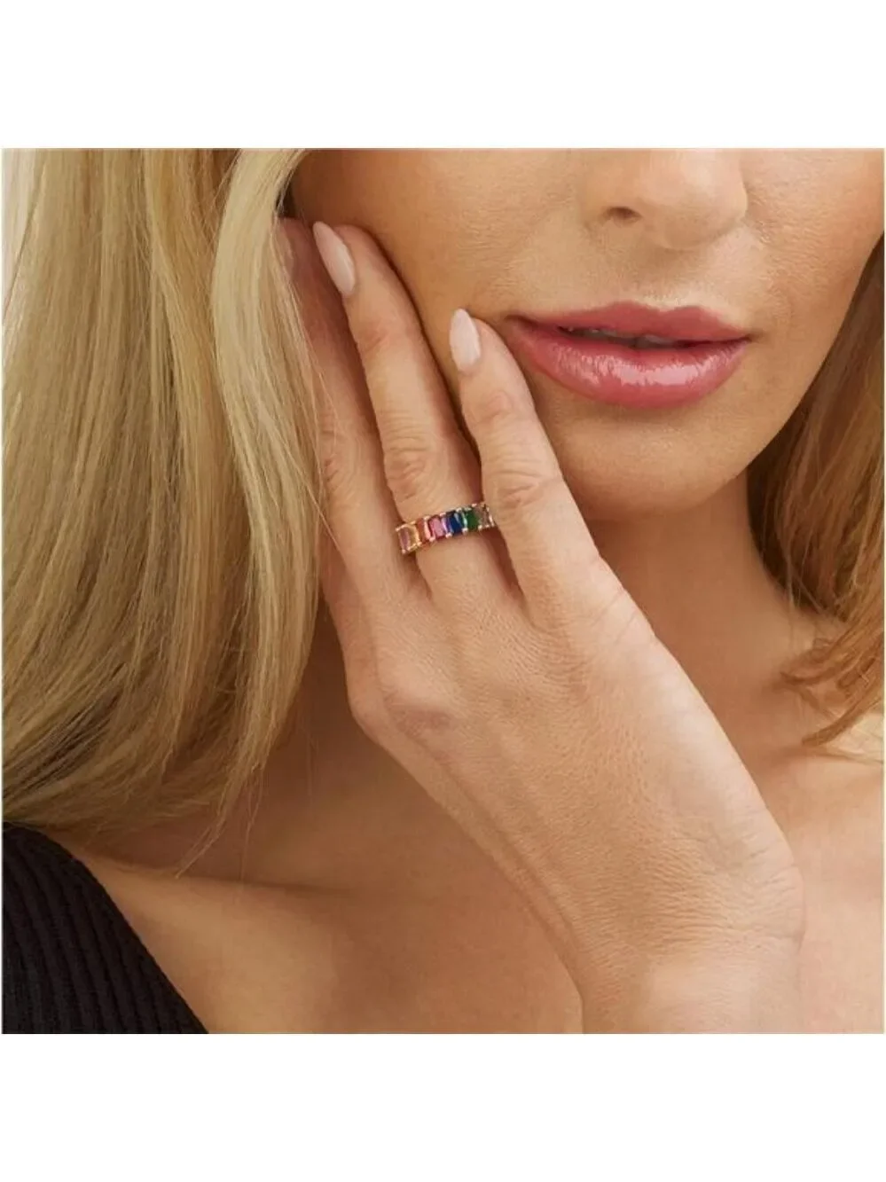 Rainbow eternity ring for women 18K gold plated multicolor gemstone wedding band